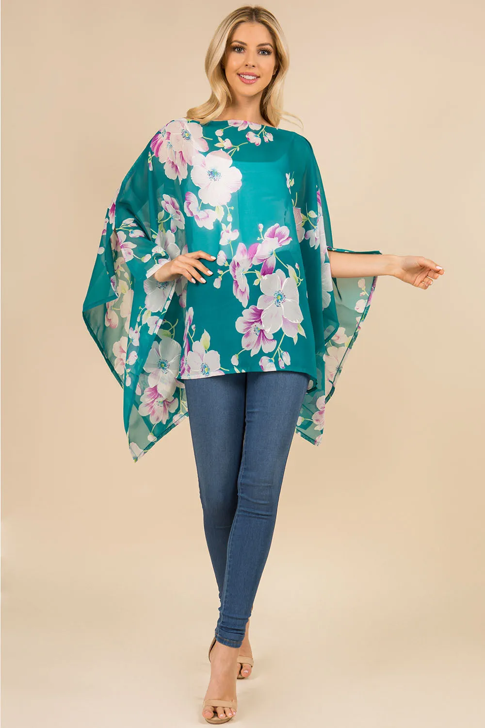 PP-3120 bright color floral poncho with open shoulder