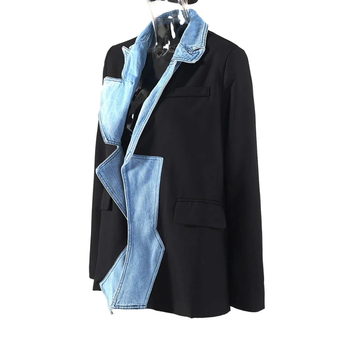 Pre Order:  Denim Patchwork Turn Down Collar Blazer