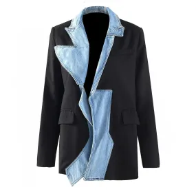 Pre Order:  Denim Patchwork Turn Down Collar Blazer