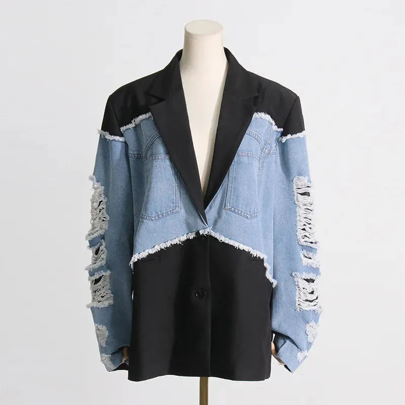 Pre Order:  Denim Stitched Single Breasted Loose Long Blazer