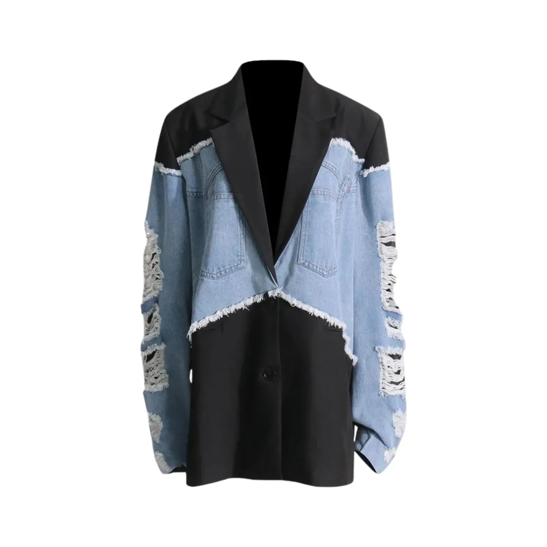 Pre Order:  Denim Stitched Single Breasted Loose Long Blazer