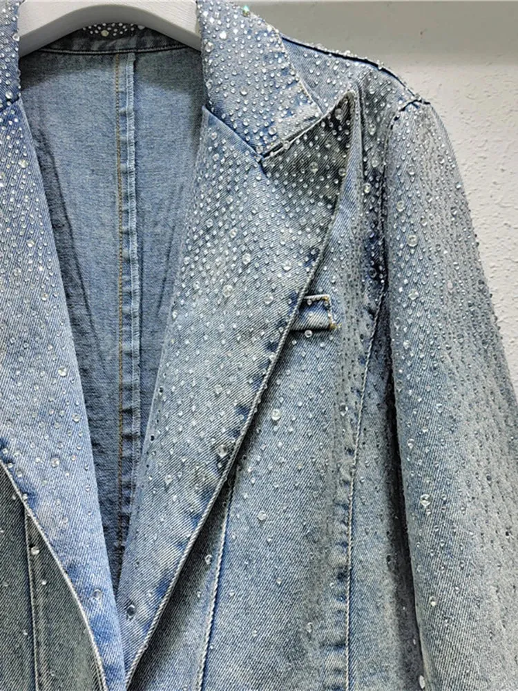 Pre Order:  Vintage Diamond Embellished Single Button Denim Blazer