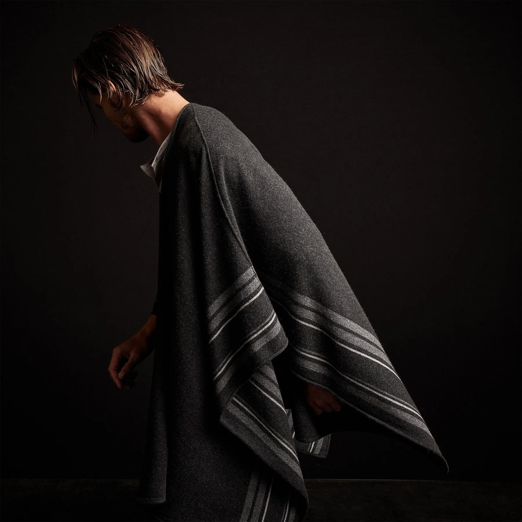 Recycled Cashmere Striped Poncho - Coal