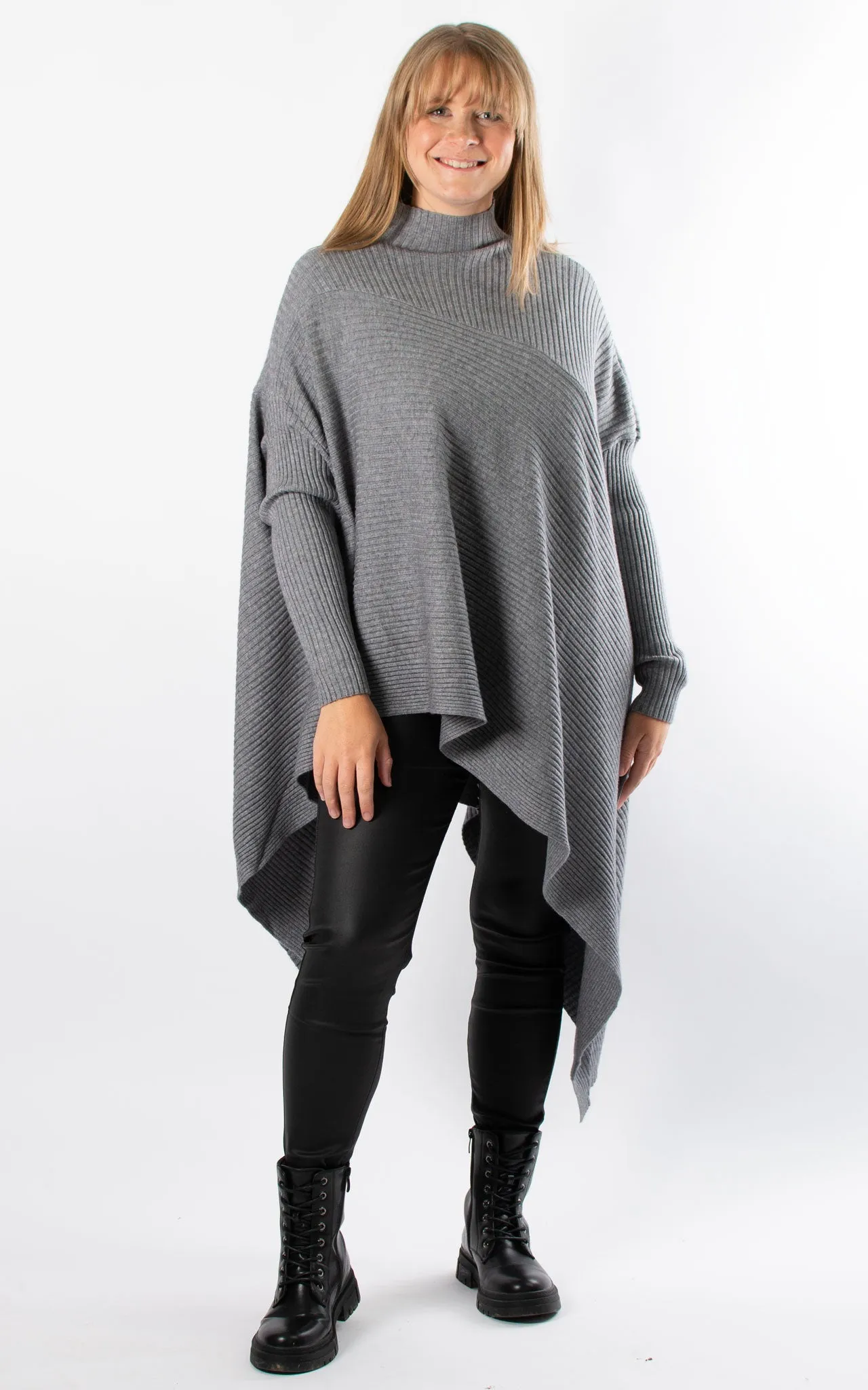 Ribbed Poncho | Grey