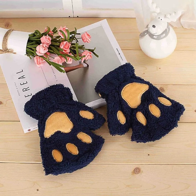 Roaring Soft Plush Bear and Cat Paw Fingerless Wrist Gloves