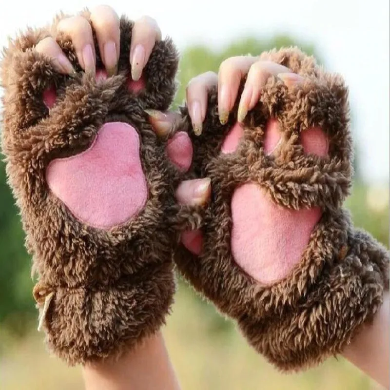 Roaring Soft Plush Bear and Cat Paw Fingerless Wrist Gloves