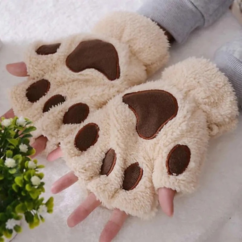 Roaring Soft Plush Bear and Cat Paw Fingerless Wrist Gloves