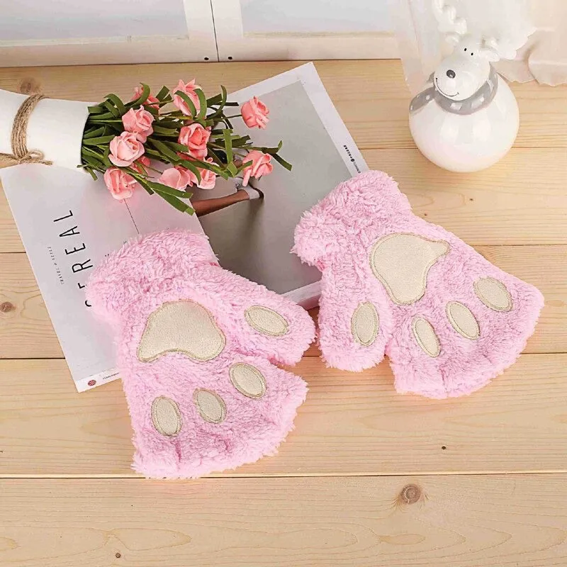 Roaring Soft Plush Bear and Cat Paw Fingerless Wrist Gloves