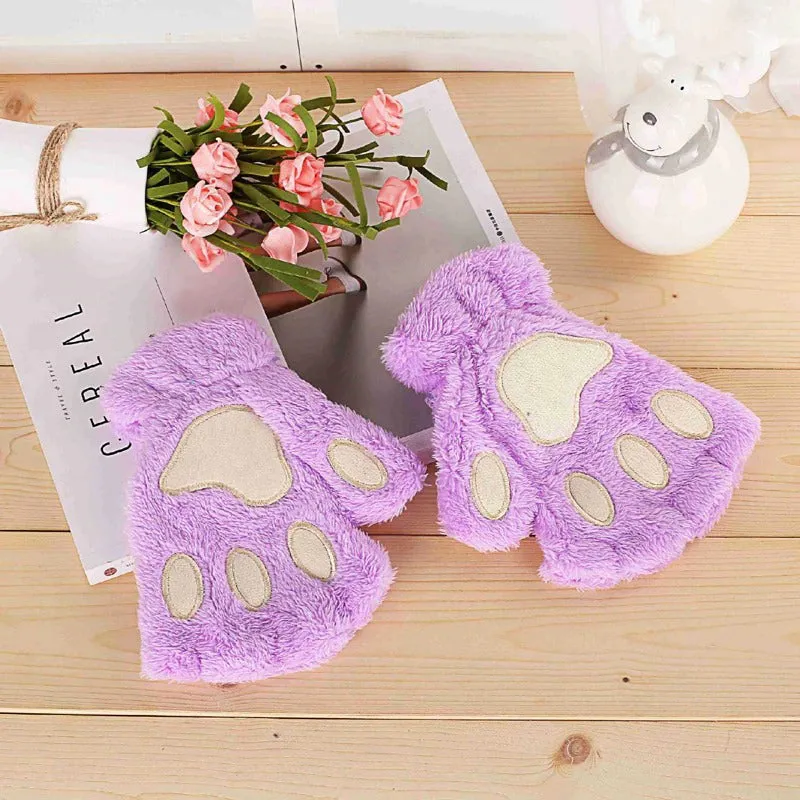 Roaring Soft Plush Bear and Cat Paw Fingerless Wrist Gloves