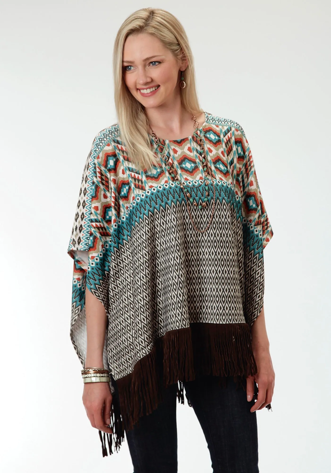 Roper Aztec Print Ladies Brown Polyester Poncho Sweater