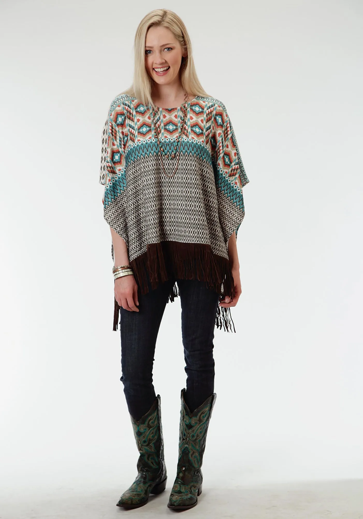 Roper Aztec Print Ladies Brown Polyester Poncho Sweater