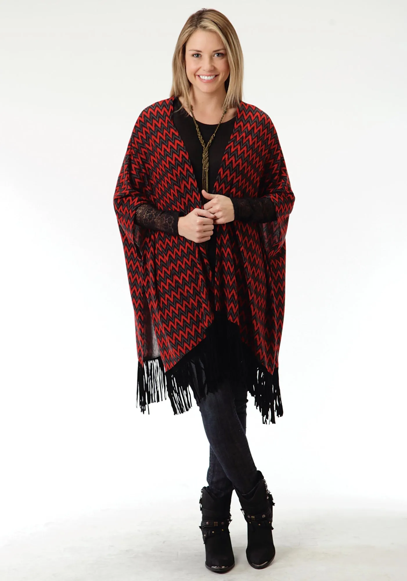 Roper Black Chevron Ladies Red Polyester Poncho Sweater