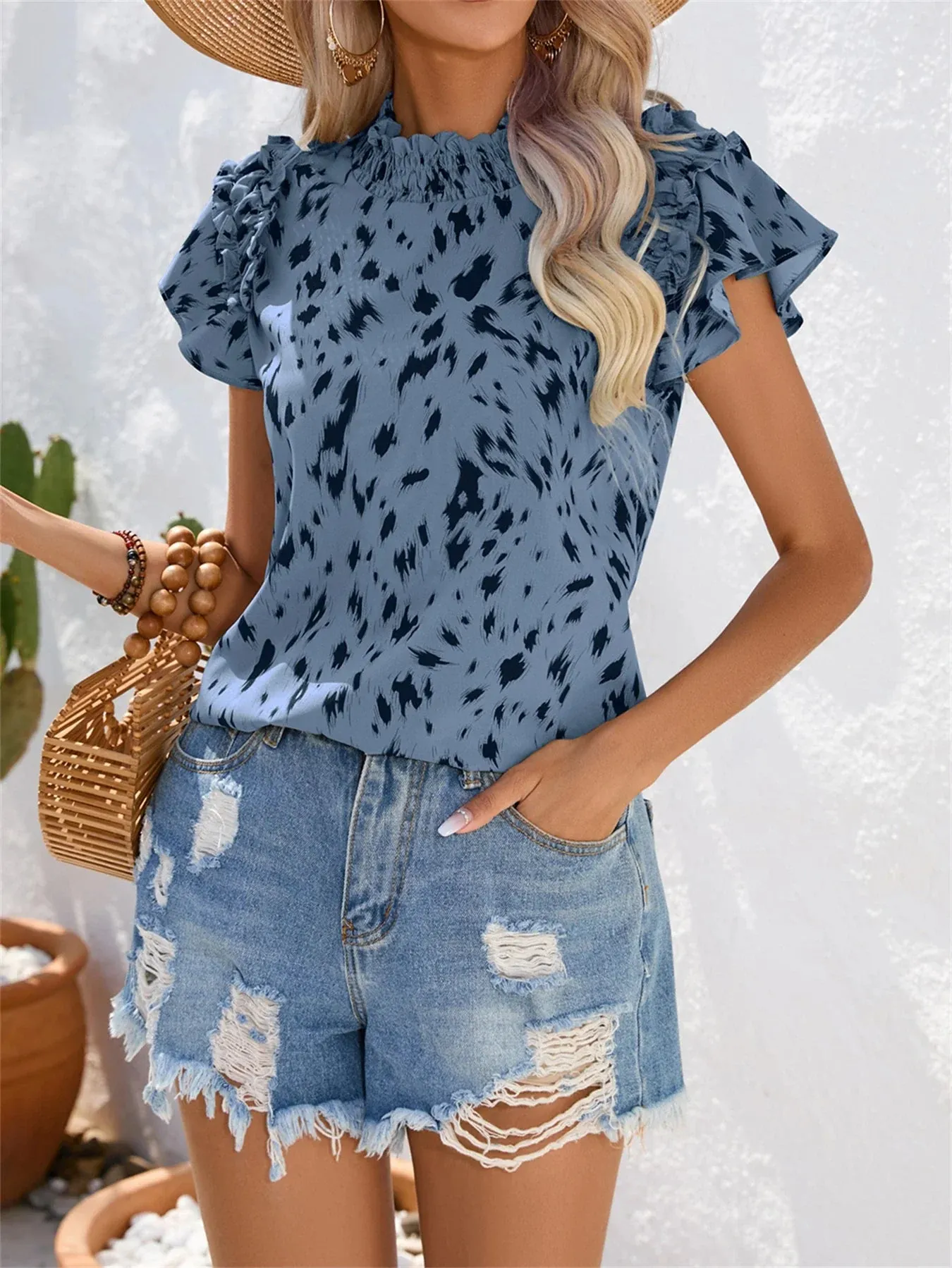 Ruffled Leopard Spring Wooden Sleeves Summer Print Neck Round Casual Ear Vacation Leaf Blouse