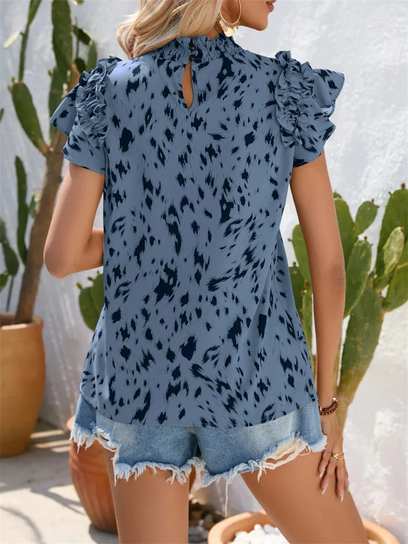 Ruffled Leopard Spring Wooden Sleeves Summer Print Neck Round Casual Ear Vacation Leaf Blouse