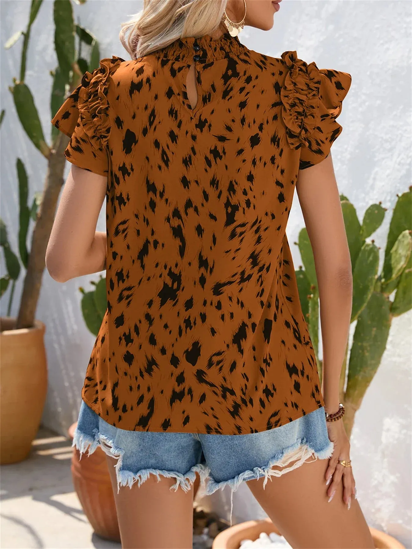 Ruffled Leopard Spring Wooden Sleeves Summer Print Neck Round Casual Ear Vacation Leaf Blouse