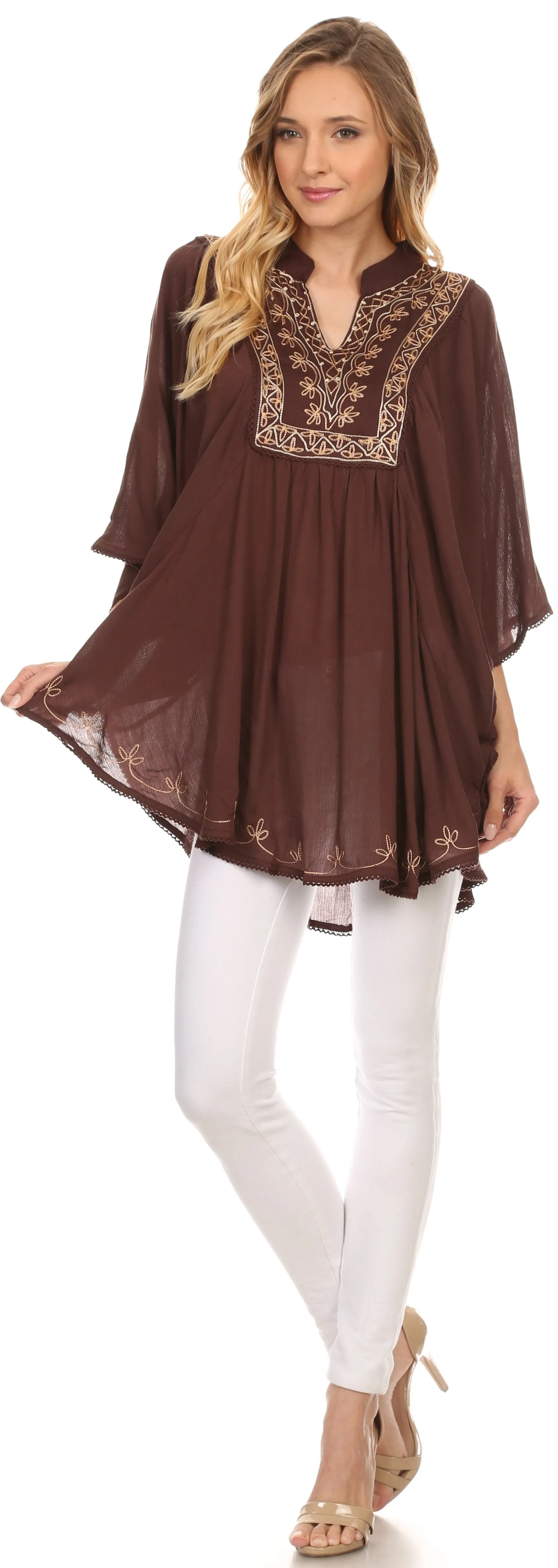 Sakkas Gicuru Wide Long Embroidered V Henley Neck Poncho Tunic Blouse Shirt Top