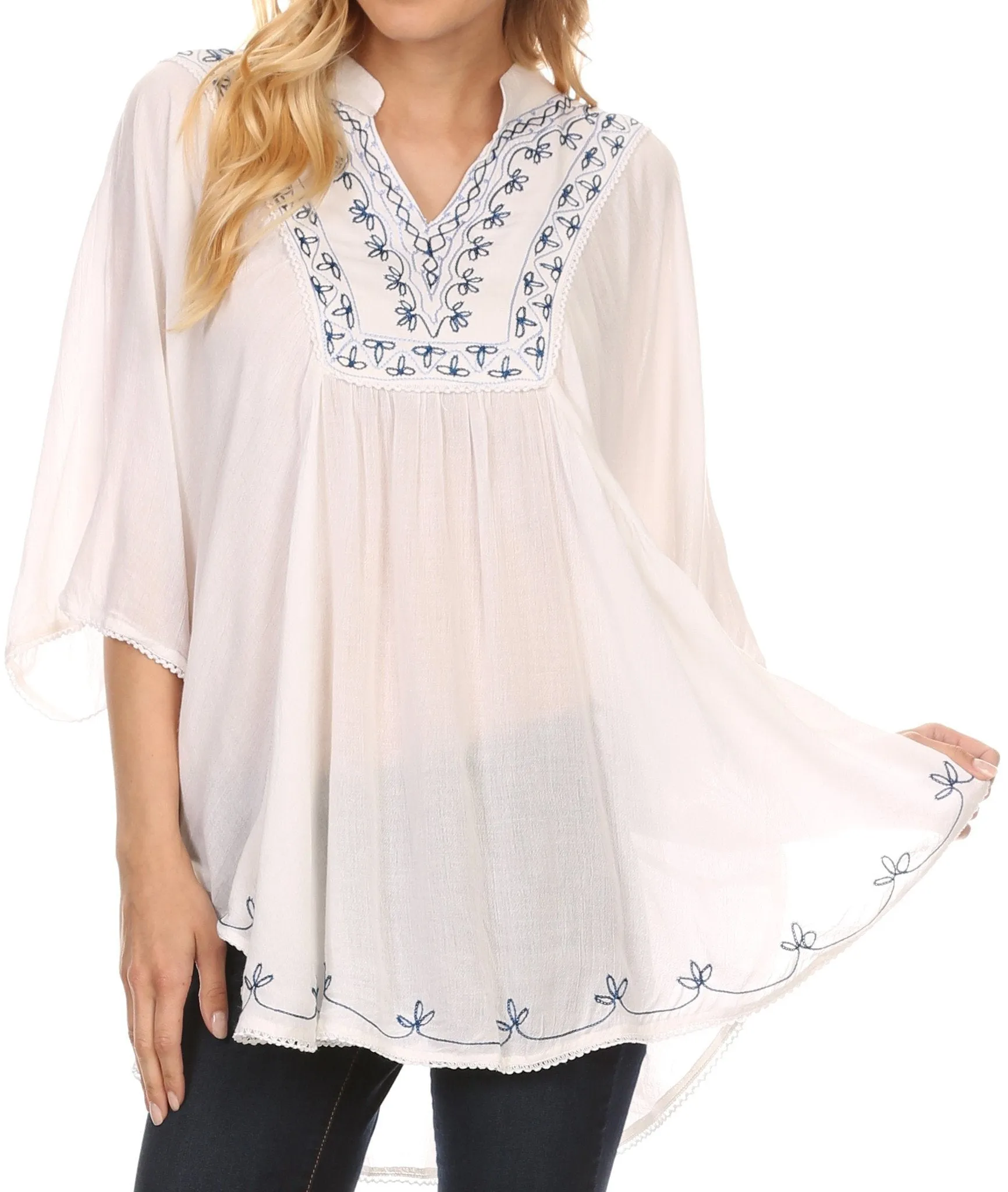 Sakkas Gicuru Wide Long Embroidered V Henley Neck Poncho Tunic Blouse Shirt Top