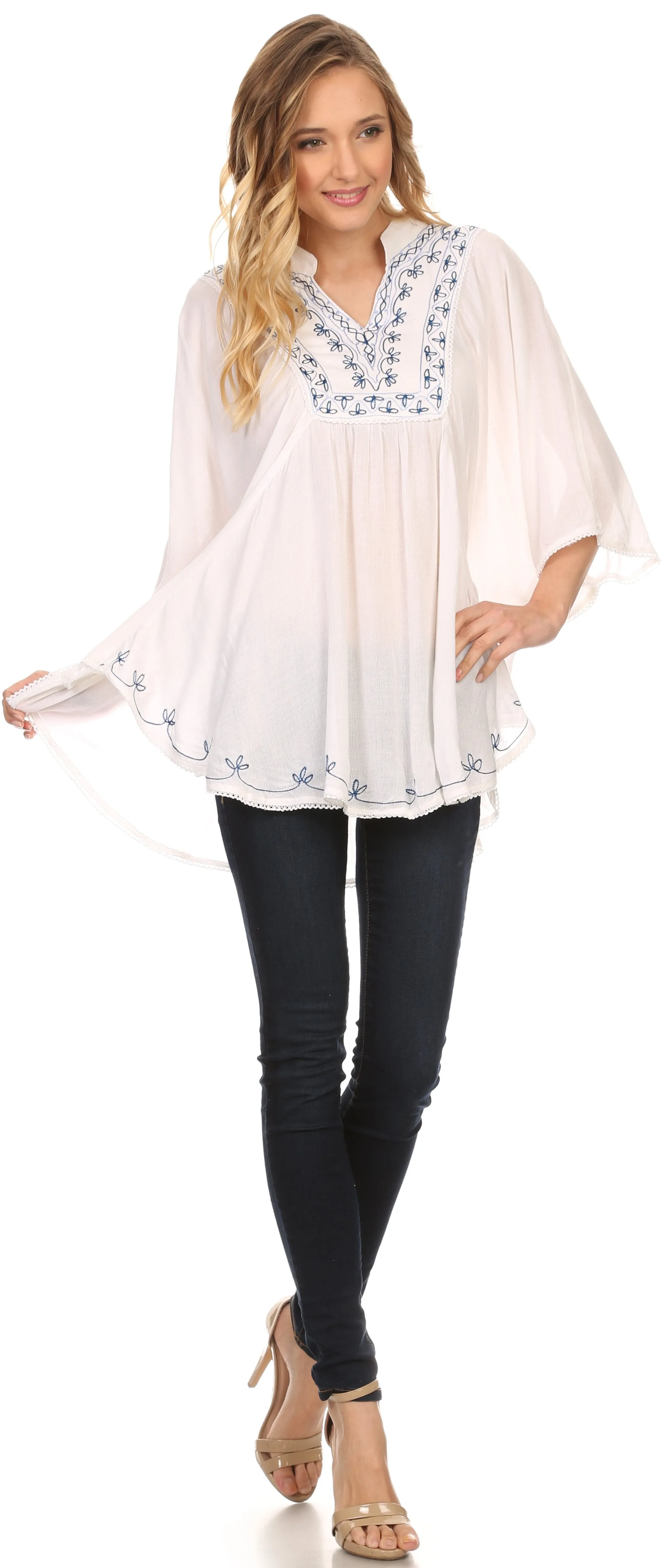 Sakkas Gicuru Wide Long Embroidered V Henley Neck Poncho Tunic Blouse Shirt Top