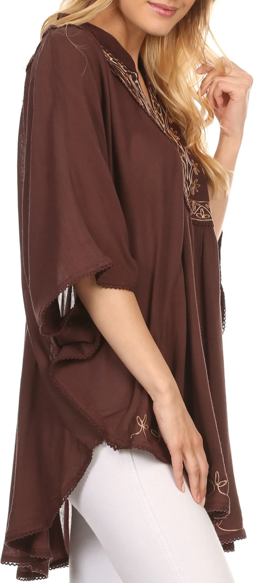 Sakkas Gicuru Wide Long Embroidered V Henley Neck Poncho Tunic Blouse Shirt Top