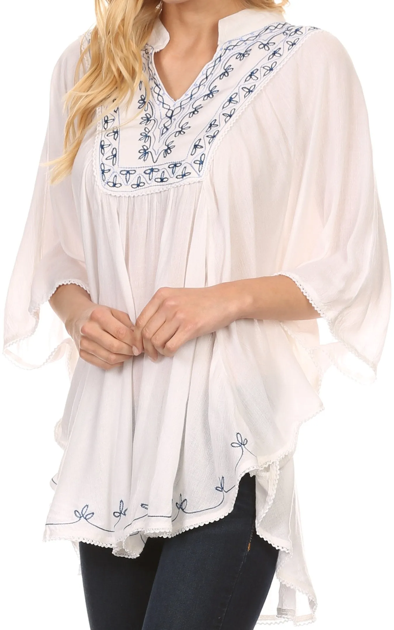 Sakkas Gicuru Wide Long Embroidered V Henley Neck Poncho Tunic Blouse Shirt Top