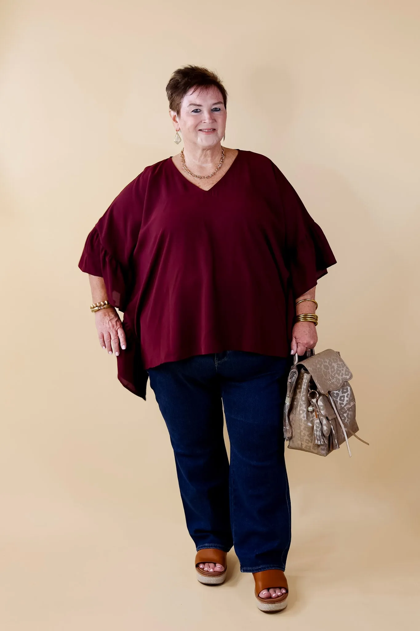 Secret Strength Ruffle Detail Poncho Top in Maroon