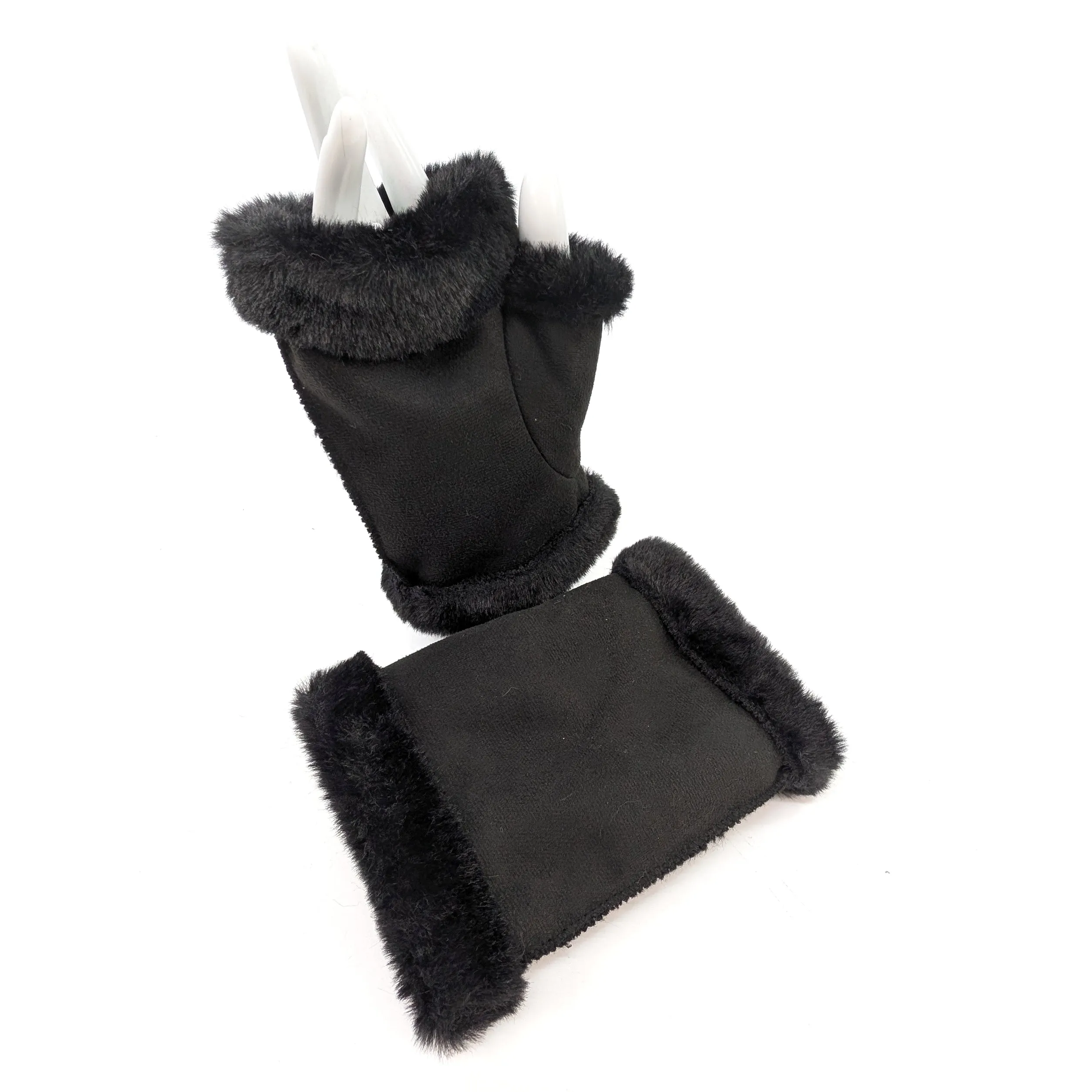 Sheepskin Style Fingerless Gloves - Black