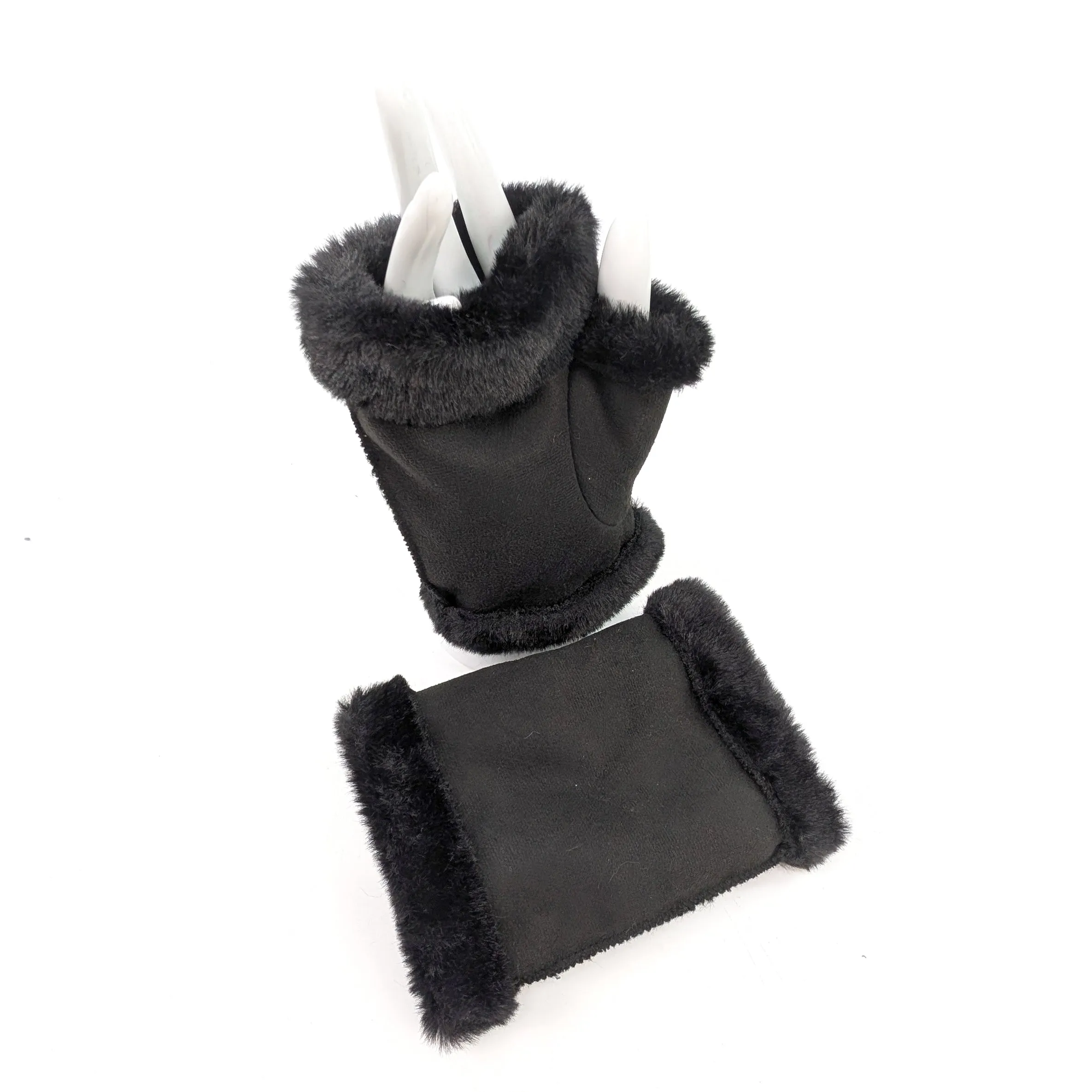 Sheepskin Style Fingerless Gloves - Black