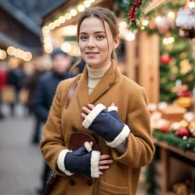 Sheepskin Style Fingerless Gloves - Navy Blue