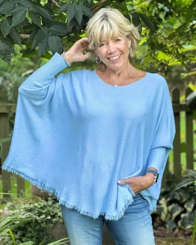 Slash Neck Fringed Poncho Jumper - Pale Blue