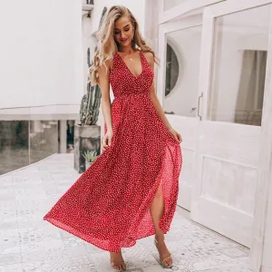 Slip Backless Sexy Long Chiffon Summer Red Dot Print Vintage Elegant Party Maxi Dress