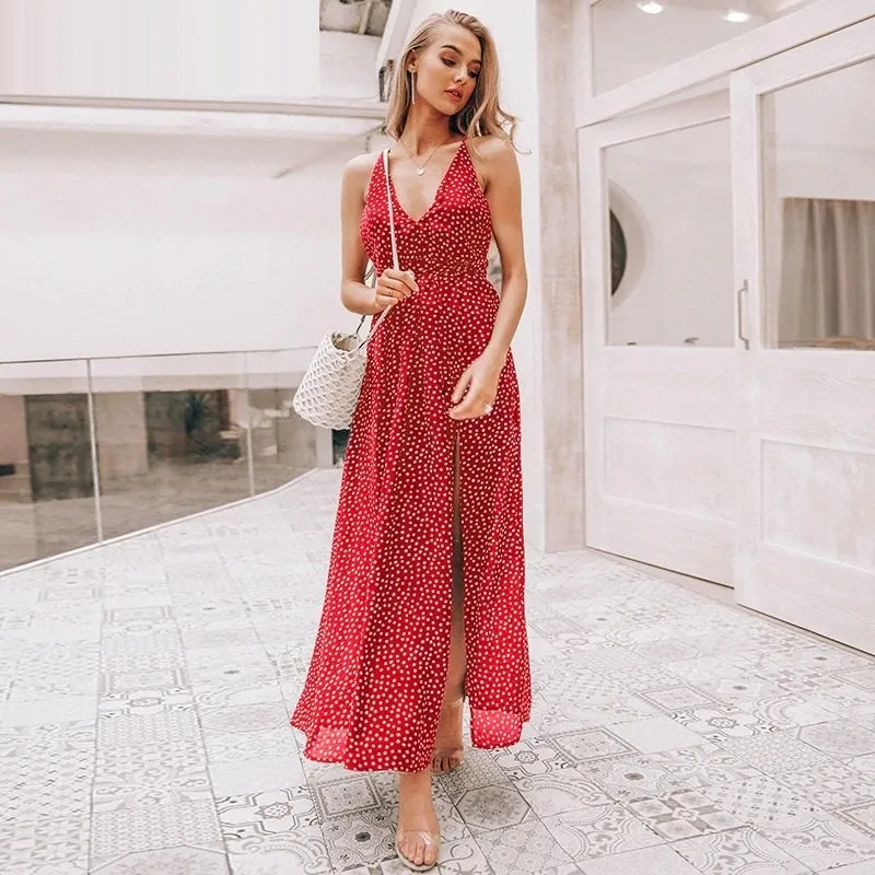 Slip Backless Sexy Long Chiffon Summer Red Dot Print Vintage Elegant Party Maxi Dress