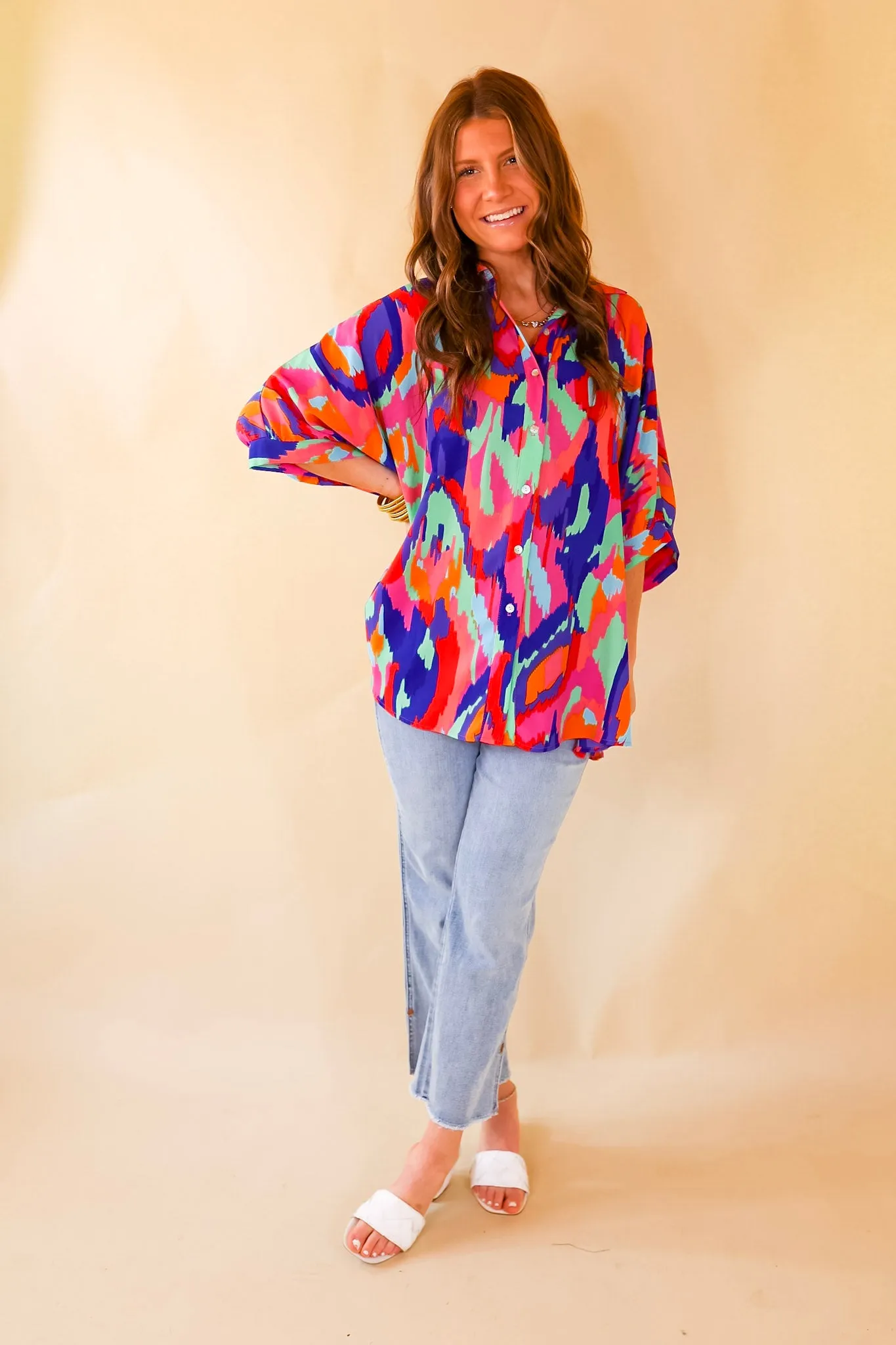 Sophisticated Sweetie Button Up Brush Stroke Print Poncho Top in Blue Mix