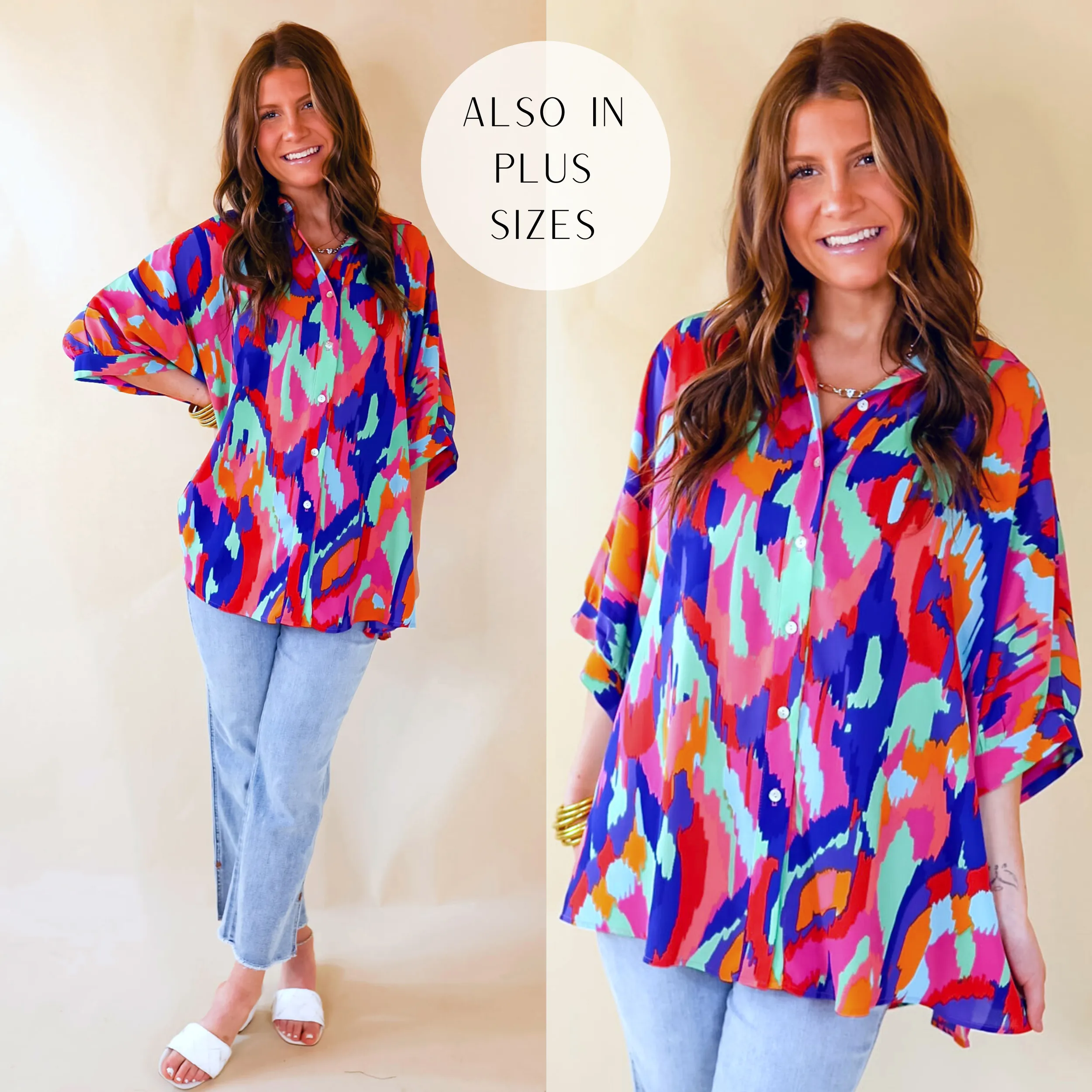 Sophisticated Sweetie Button Up Brush Stroke Print Poncho Top in Blue Mix