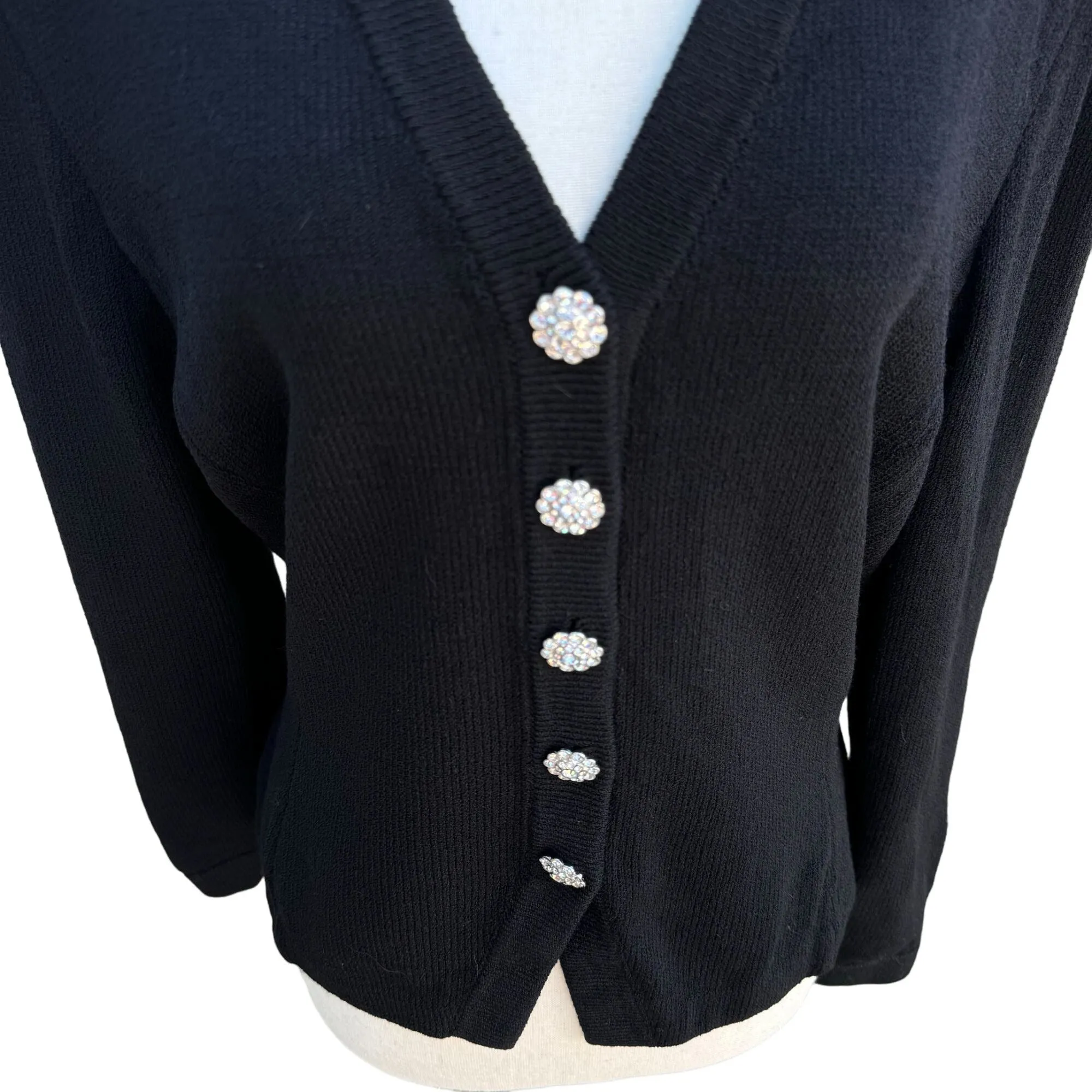 St John Vintage Santana Knit Black Rhinestone Button Belt Glam Cardigan Blazer L