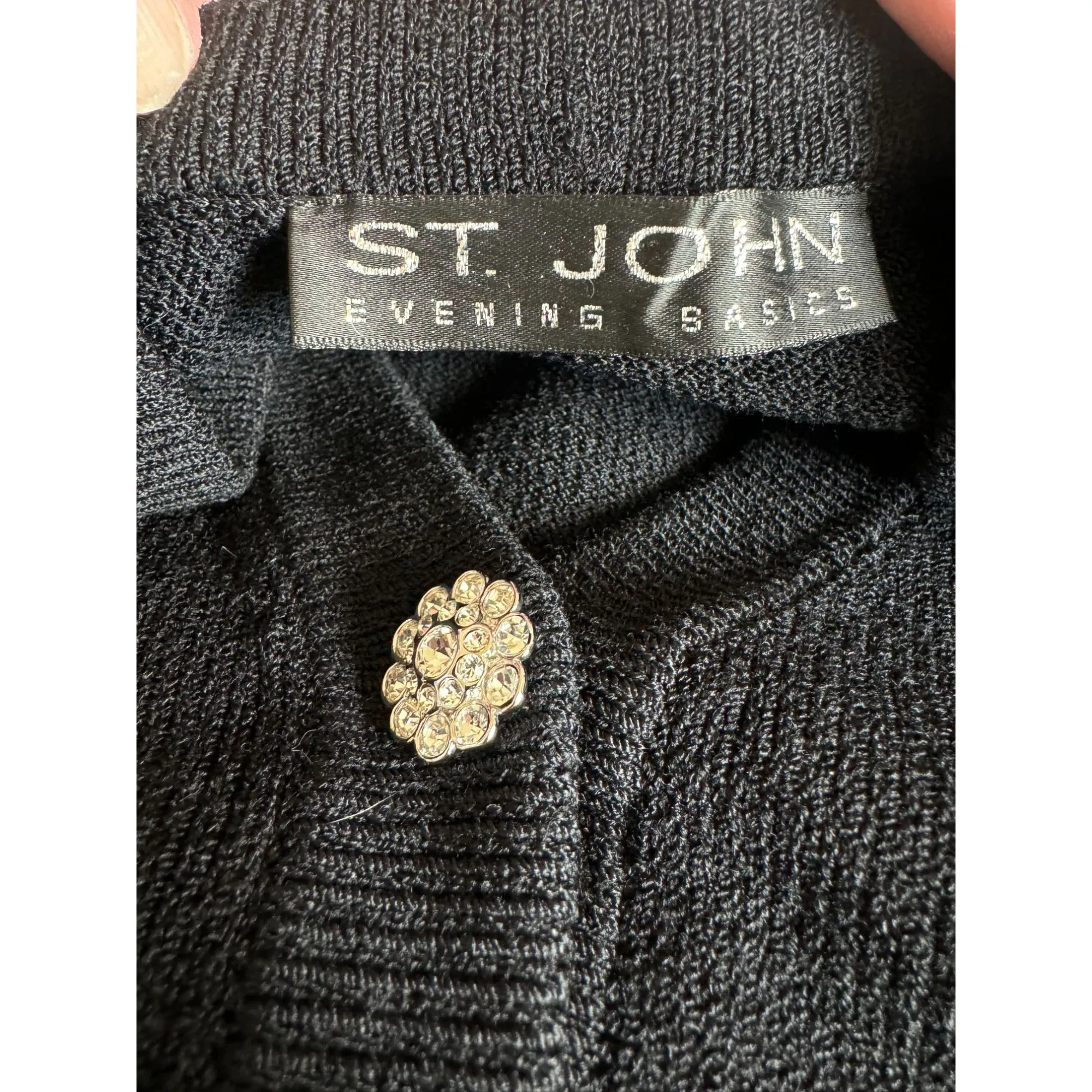 St John Vintage Santana Knit Black Rhinestone Button Belt Glam Cardigan Blazer L