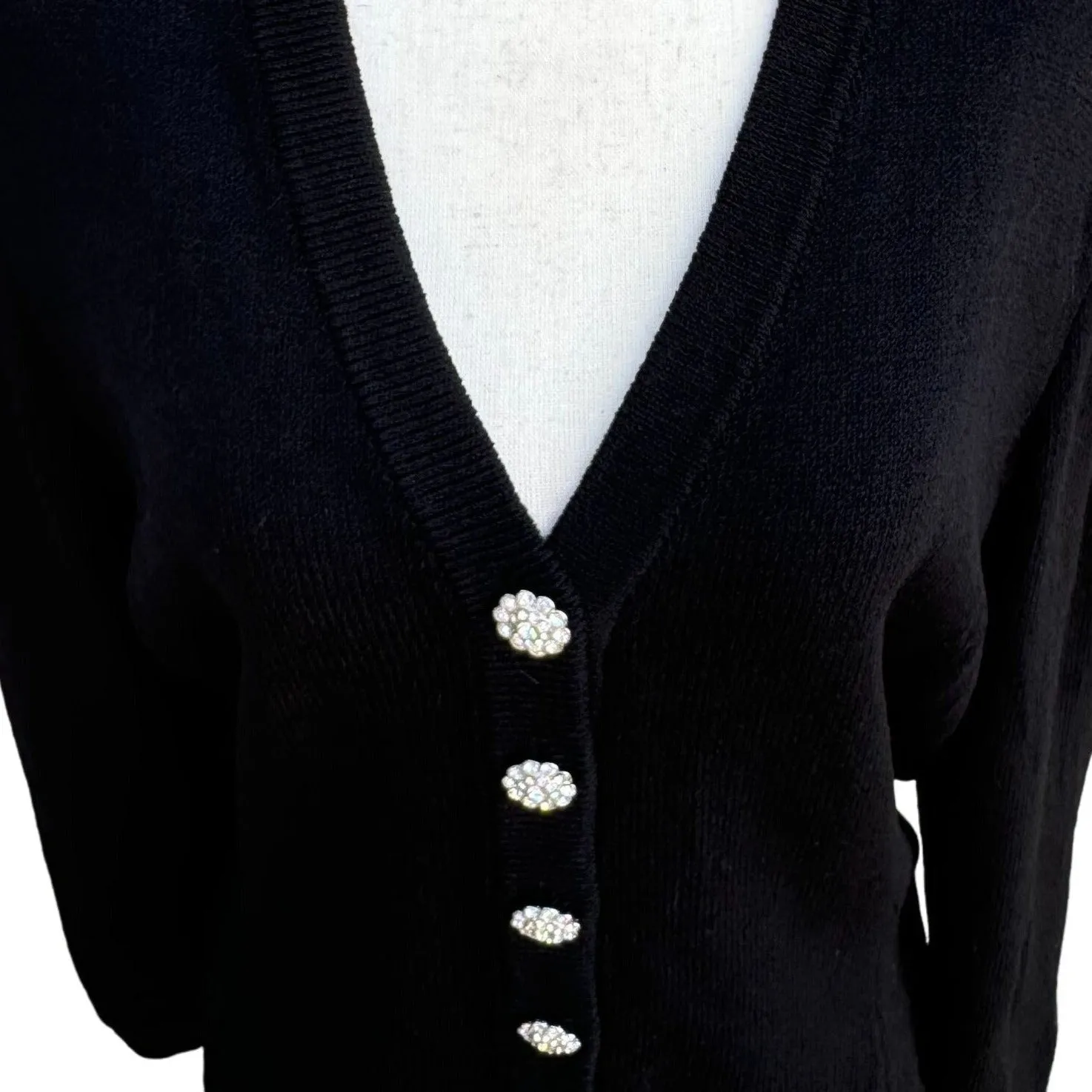 St John Vintage Santana Knit Black Rhinestone Button Belt Glam Cardigan Blazer L