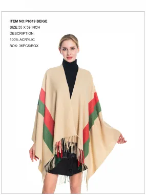 Strip Print Fringe Trim Poncho-Beige