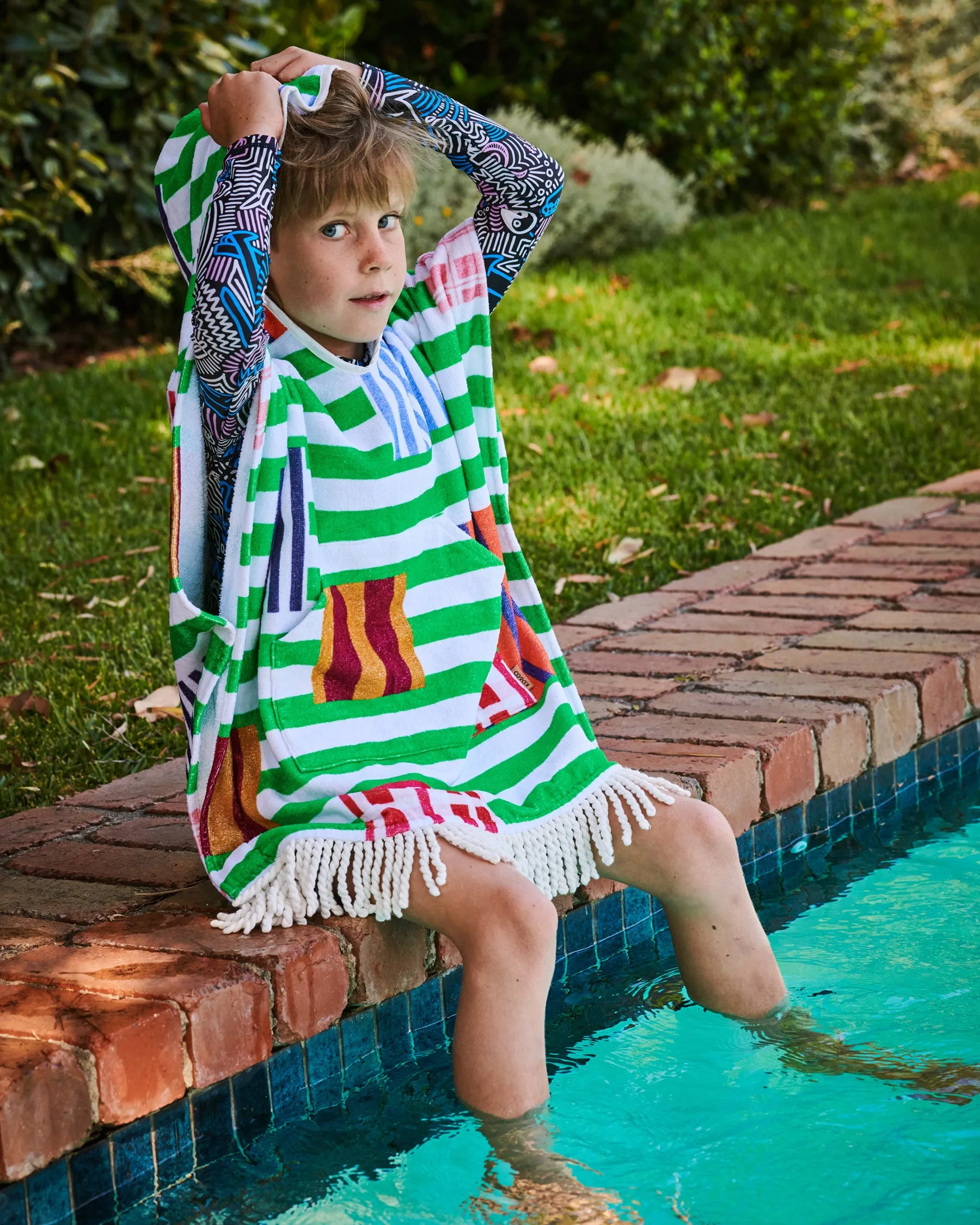 Stripe On Stripe Printed Kids Terry Poncho