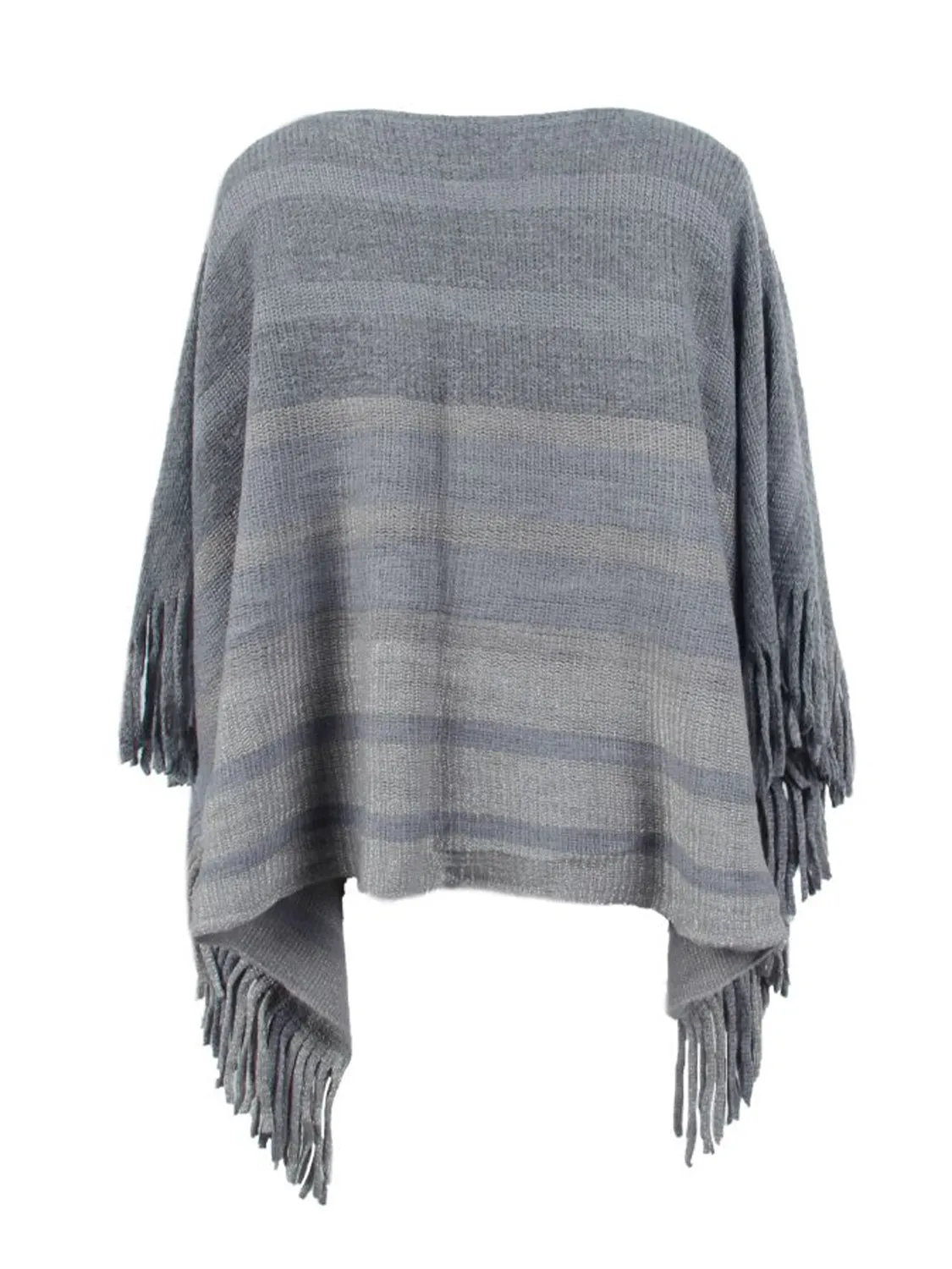 Striped Boat Neck Poncho with Fringes