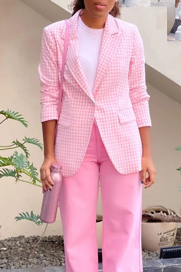 Stylish Peak Collar Plaid Blazer & Pants Set