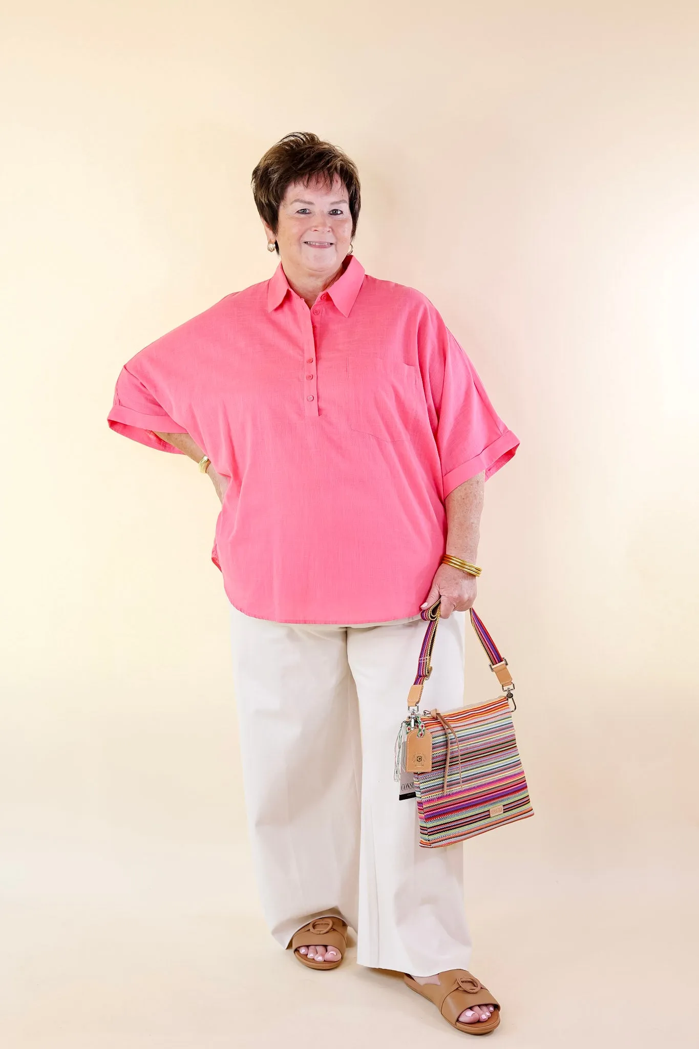 Sweet Surprise Half Button Up Poncho Top with Collared Neckline in Coral Pink