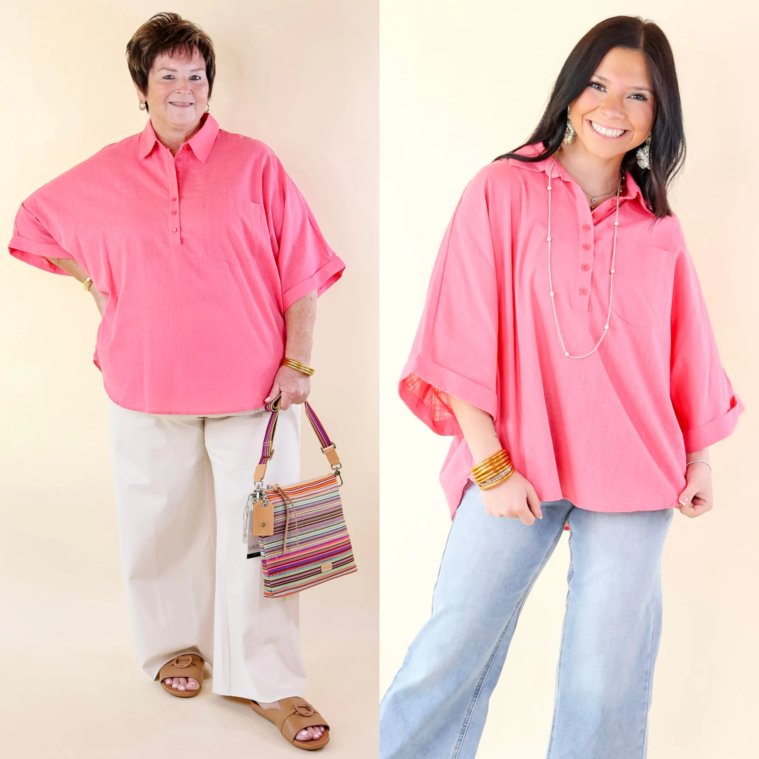 Sweet Surprise Half Button Up Poncho Top with Collared Neckline in Coral Pink