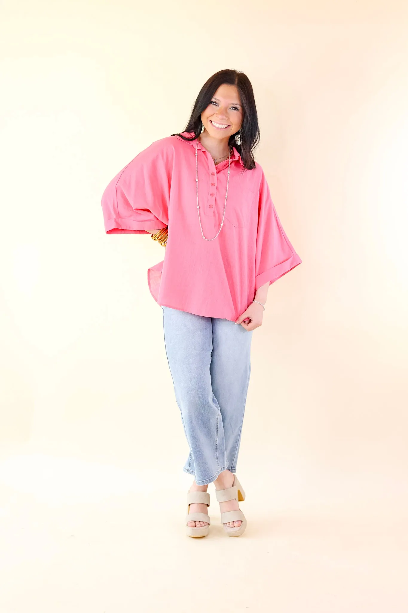 Sweet Surprise Half Button Up Poncho Top with Collared Neckline in Coral Pink