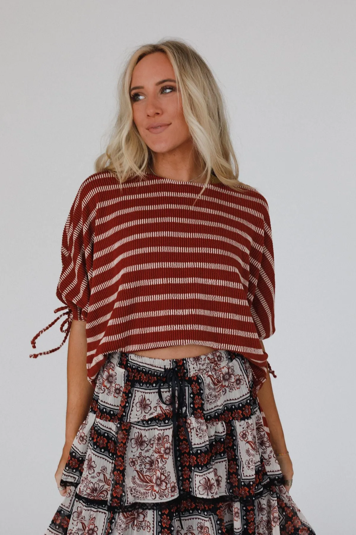 The Nest Little Lark Striped Puff Sleeve Tee - Rust