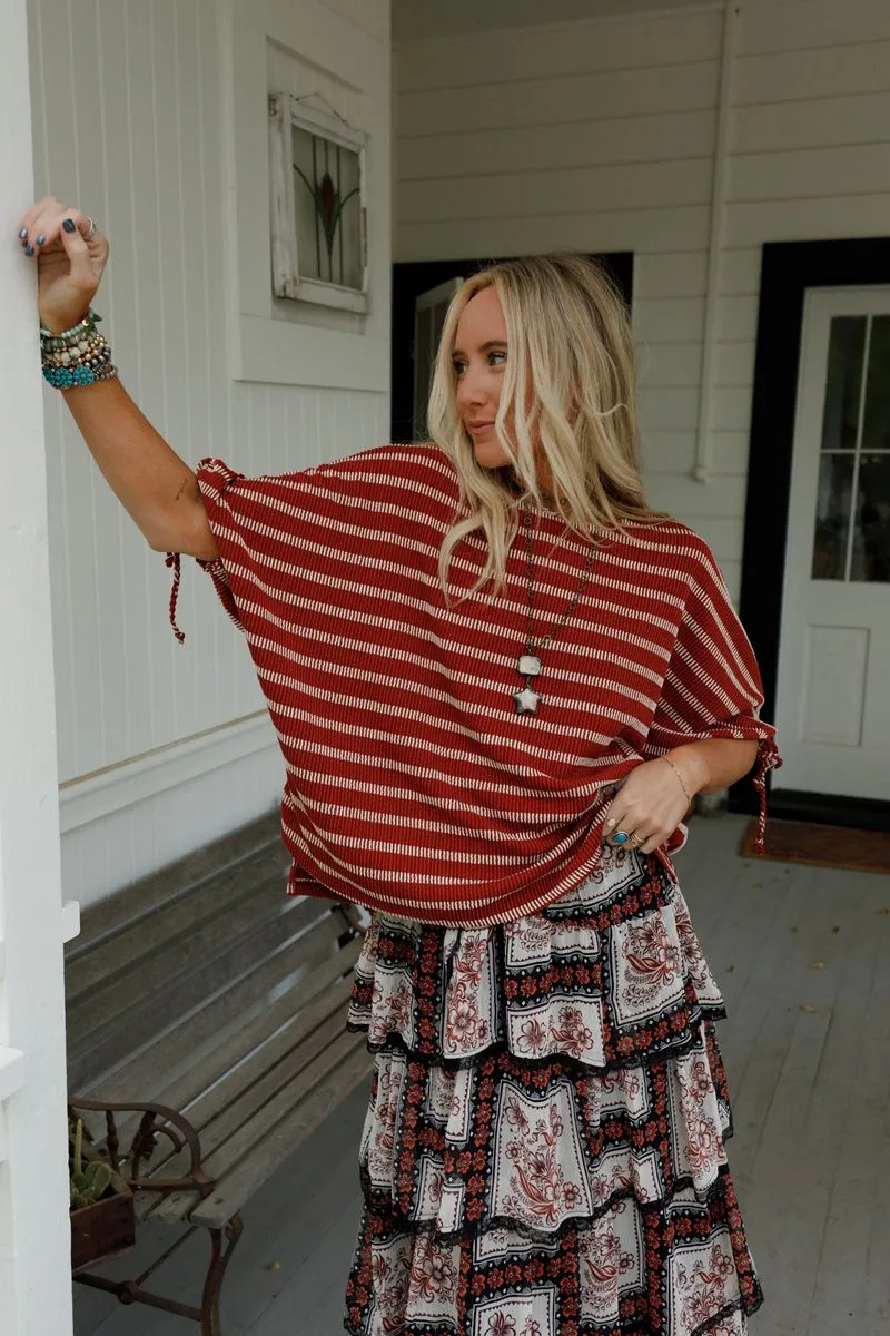 The Nest Little Lark Striped Puff Sleeve Tee - Rust