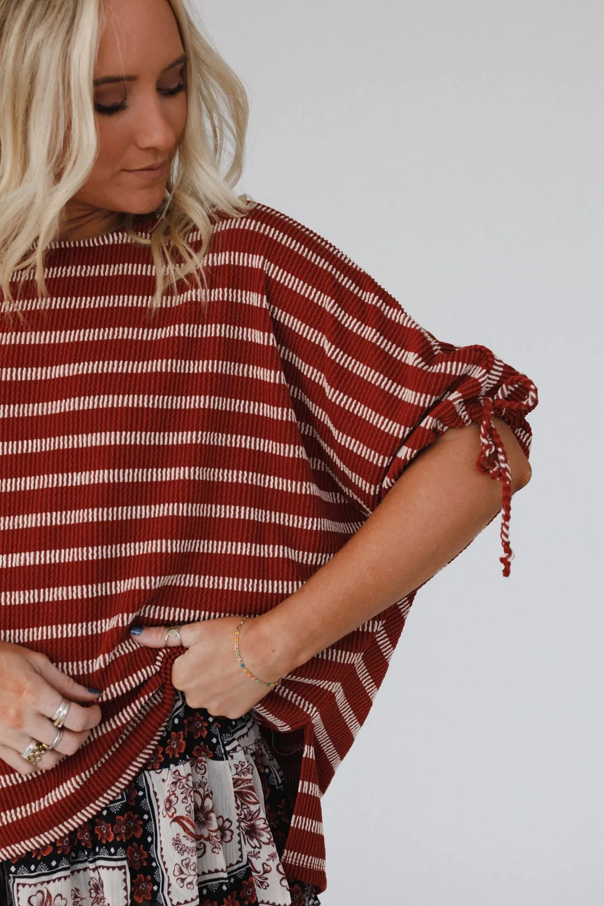 The Nest Little Lark Striped Puff Sleeve Tee - Rust