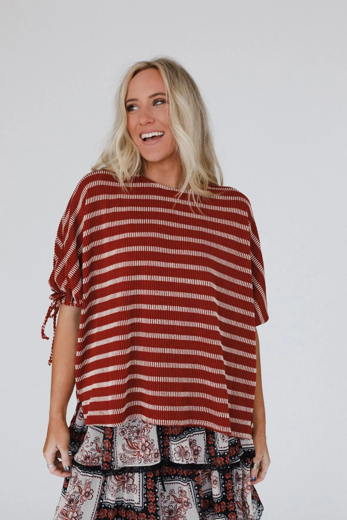 The Nest Little Lark Striped Puff Sleeve Tee - Rust