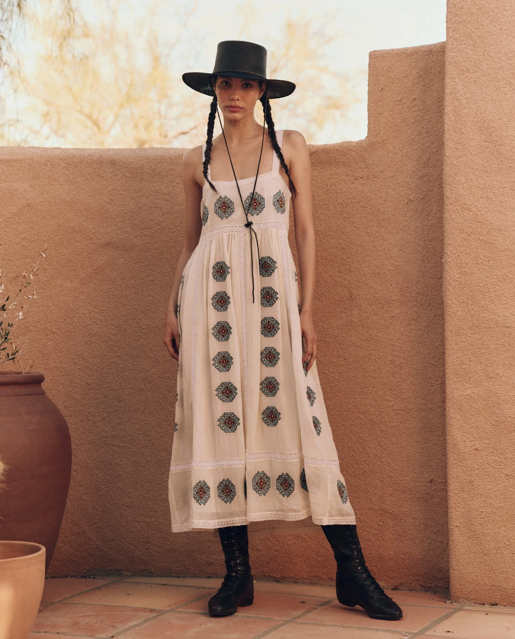 The Roam Dress with Folklore Embroidery. -- Cream