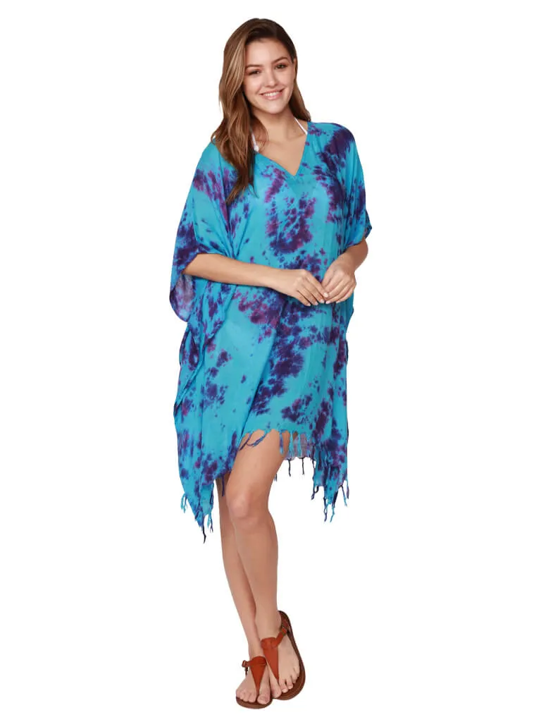 Tie-Dye V-neck Poncho with fringe bottoms