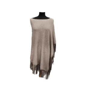 Triangle Knit Poncho with Suede Fringes - Oatmeal